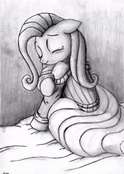 Size: 3383x4764 | Tagged: safe, artist:missxschizo, fluttershy, pegasus, pony, clothes, monochrome, sweater, sweatershy