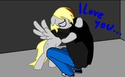 Size: 850x525 | Tagged: safe, derpy hooves, human, pegasus, pony, blonde, blonde mane, blonde tail, female, gray coat, hug, mare, sad, wings