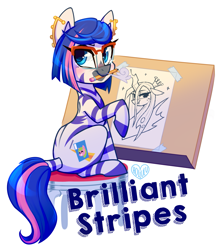 Size: 1615x1816 | Tagged: safe, artist:meekcheep, queen chrysalis, oc, oc:brilliant stripes, changeling, changeling queen, zebra, canvas, female, glasses, looking at you, pencil, simple background, stool, text, white background, zebra oc