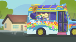 Size: 1275x715 | Tagged: safe, derpibooru import, screencap, applejack, rainbow dash, eqg summertime shorts, equestria girls, get the show on the road, applejack's hat, blurry, bus, cowboy hat, hat