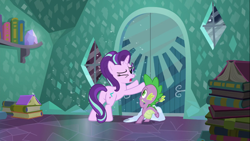 Size: 1366x768 | Tagged: safe, screencap, spike, starlight glimmer, dragon, pony, unicorn, the crystalling, butt, crystal empire, female, male, mare, plot, storm