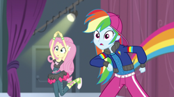 Size: 1280x718 | Tagged: safe, derpibooru import, screencap, fluttershy, rainbow dash, dance magic, equestria girls, spoiler:eqg specials, backwards ballcap, baseball cap, cap, clothes, hat, hip hop, open mouth, outfit, pants, rapper dash, surprised