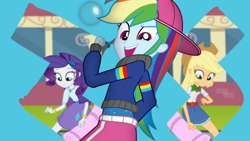 Size: 1280x720 | Tagged: safe, derpibooru import, screencap, applejack, rainbow dash, rarity, eqg summertime shorts, equestria girls, get the show on the road, backwards ballcap, baseball cap, cap, clothes, hat, music video, open mouth, pants, rapper dash, rapping, towel