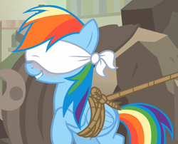 Size: 1300x1050 | Tagged: safe, derpibooru import, edit, edited screencap, screencap, rainbow dash, pegasus, pony, daring done?, blindfold, blushing, bondage, bound wings, consensual, cropped, happy bondage, lip bite, rainbond dash, raised hoof, rope, solo, tied up