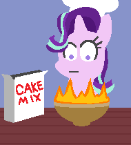Size: 190x210 | Tagged: safe, artist:threetwotwo32232, starlight glimmer, pony, unicorn, every little thing she does, :, animated, baking, batter, bowl, cake batter, chef's hat, epic fail, fail, fire, gif, hat, reference, simple background, simpsons did it, solo, table, the simpsons, wat