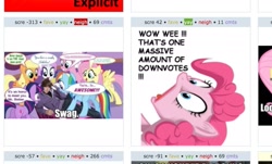 Size: 1195x721 | Tagged: safe, pinkie pie, earth pony, pony, asymmetry, exploitable meme, implied downvotes galore, justin bieber, juxtaposition, juxtaposition win, neigh, shock, voting irony, yay