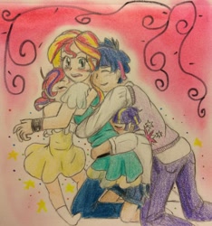 Size: 600x642 | Tagged: safe, artist:fallenangel5414, dusk shine, sunset shimmer, twilight sparkle, oc, oc:dawn, oc:orion, human, duskshimmer, female, hug, humanized, humanized oc, male, offspring, parent:dusk shine, parent:sunset shimmer, parent:twilight sparkle, parents:duskshimmer, parents:sunsetsparkle, rule 63, shipping, straight, sunsetsparkle