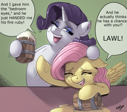 Size: 1280x1122 | Tagged: safe, alternate version, artist:kevinsano, fluttershy, rarity, pegasus, pony, unicorn, secret of my excess, anti-shipping, chest fluff, dialogue, drunk, drunk rarity, drunkershy, eyes closed, female, friendzone, laughing flarity, laughingmares.jpg, mare, meanies, open mouth, speech bubble, spikeabuse, text