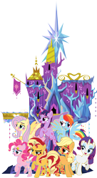 Size: 3000x5525 | Tagged: safe, artist:theshadowstone, applejack, fluttershy, pinkie pie, rainbow dash, rarity, sunset shimmer, twilight sparkle, twilight sparkle (alicorn), alicorn, earth pony, pegasus, pony, unicorn, alternate mane seven, cutie mark magic, female, mane six, mare, rainbow power, twilight's castle