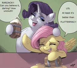 Size: 1280x1122 | Tagged: safe, alternate version, artist:kevinsano, fluttershy, rarity, pegasus, pony, unicorn, anti-shipping, chest fluff, cider, drunk, drunk rarity, drunkershy, female, flarity, laughing flarity, lesbian, shipping, text