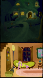 Size: 900x1646 | Tagged: dead source, safe, artist:celestiawept, fluttershy, pegasus, pony, alone, fluttershy's cottage, interior, night, prone, sofa, solo