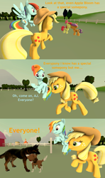 Size: 1920x3240 | Tagged: safe, anonymous artist, derpibooru import, apple bloom, applejack, rainbow dash, tender taps, winona, dog, earth pony, pegasus, pony, 3d, comic, dogmeat, female, male, shipping, source filmmaker, straight, tenderbloom