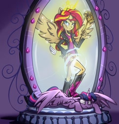 Size: 549x570 | Tagged: safe, artist:mingraine, edit, sunset shimmer, twilight sparkle, twilight sparkle (alicorn), alicorn, equestria girls, boots, clothes, cropped, dominant, domination, portal, prone, shimmercorn, shoes, skirt, stepping on something, trampling, twilight scepter