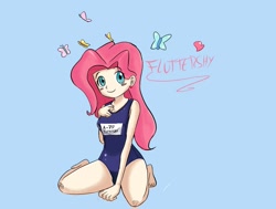 Size: 1363x1029 | Tagged: safe, artist:gabidansk, fluttershy, clothes, humanized, one-piece swimsuit, school swimsuit, skinny, swimsuit