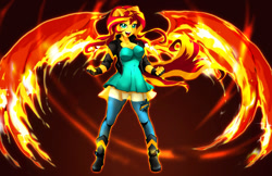 Size: 1280x828 | Tagged: safe, artist:animeclaro, sunset shimmer, equestria girls, my past is not today, breasts, cleavage, clothes, female, fiery wings, looking back, ponied up, smiling, solo, sunset jiggler