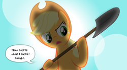 Size: 900x500 | Tagged: safe, artist:hotdiggedydemon, applejack, earth pony, pony, shovel, text, vulgar