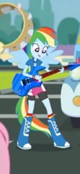 Size: 212x456 | Tagged: safe, derpibooru import, screencap, rainbow dash, eqg summertime shorts, equestria girls, get the show on the road, boots, clothes, compression shorts, guitar, ponied up, shoes, skirt, smiling, solo, wings