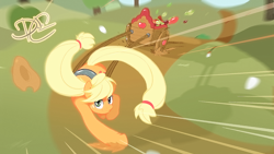 Size: 1344x756 | Tagged: safe, artist:thatoneboxtosser, applejack, earth pony, pony, action pose, apple, cart, solo, working