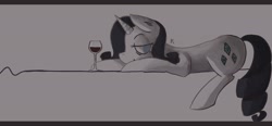 Size: 1947x900 | Tagged: dead source, safe, artist:berrydrops, rarity, pony, unicorn, bedroom eyes, female, glass, mare, prone, solo, wine