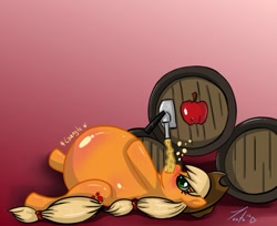 Size: 1280x1047 | Tagged: safe, artist:toes, applejack, earth pony, pony, apple, barrel, belly, blushing, cider, digestion, inflation