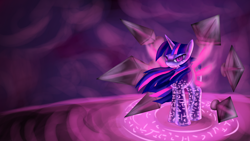 Size: 1920x1080 | Tagged: safe, artist:zedrin, derpibooru import, twilight sparkle, magic circle, runes, solo, weapon