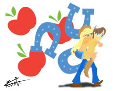 Size: 1034x773 | Tagged: safe, artist:sebastieng, applejack, caramel, carajack, female, humanized, male, orange skin, pony coloring, shipping, straight