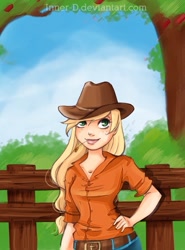 Size: 509x689 | Tagged: safe, artist:innerd, applejack, human, clothes, female, humanized, solo