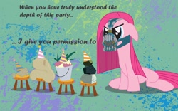 Size: 1280x800 | Tagged: safe, edit, edited screencap, screencap, madame leflour, mr. turnip, pinkie pie, rocky, sir lintsalot, earth pony, pony, party of one, bane, pinkamena diane pie, the dark knight rises