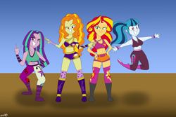 Size: 2400x1600 | Tagged: safe, artist:mofetafrombrooklyn, adagio dazzle, aria blaze, sonata dusk, sunset shimmer, equestria girls, belly button, clothes, midriff, nxt, sports bra, the divas revolution, wrestling