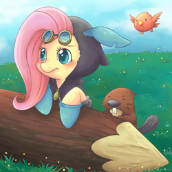 Size: 1200x1200 | Tagged: safe, artist:foxmi, artist:phyllismi, fluttershy, beaver, bird, pegasus, pony, collaboration, bunny ears, clothes, dangerous mission outfit, female, flutterspy, goggles, hoodie, log, mare, solo