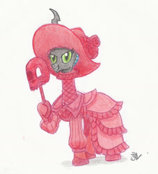 Size: 1576x1732 | Tagged: safe, artist:sensko, queen chrysalis, changeling, changeling queen, clothes, dress, flower, grin, hat, hoof hold, mask, masque of the red death, red dress, rose, ruff (clothing), signature, smiling, traditional art