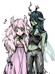 Size: 725x959 | Tagged: safe, artist:shell, queen chrysalis, oc, oc:fluffle puff, anthro, changeling, changeling queen, belly button, canon x oc, chrysipuff, colored, fake horn, female, human facial structure, lesbian, pixiv, shipping