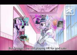 Size: 2500x1800 | Tagged: safe, artist:avchonline, starlight glimmer, twilight sparkle, twilight sparkle (alicorn), alicorn, pony, arm hooves, bipedal, book, bow, canterlot royal ballet academy, clothes, controller, dress, engrish, hair bow, hallway, magic, senpai, telekinesis, unamused