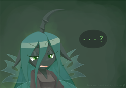 Size: 1000x695 | Tagged: safe, artist:howxu, queen chrysalis, anthro, changeling, changeling queen, ..., clothes, cropped, curved horn, female, question mark, reaction image, solo