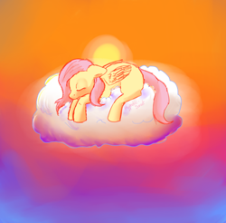 Size: 560x550 | Tagged: safe, artist:hypnotic-sunset, fluttershy, pegasus, pony, cloud, sleeping, sunset