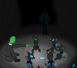 Size: 1063x948 | Tagged: safe, artist:thedrizzle404, queen chrysalis, oc, oc:anon, changeling, human, blushing, cave, dark, pointing, scrunchy face, spin the bottle