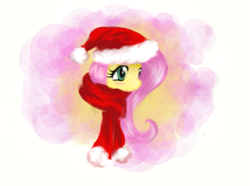 Size: 965x717 | Tagged: safe, artist:shannonc4357, fluttershy, pegasus, pony, clothes, hat, santa hat, scarf