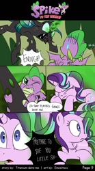 Size: 800x1440 | Tagged: safe, artist:emositecc, queen chrysalis, spike, starlight glimmer, changeling, changeling queen, dragon, pony, unicorn, comic:spike to the rescue, molt down, angry, bald, comic, dialogue, flying, gasp, hundreds of users filter this tag, magic, speech bubble, sweat, tackle, winged spike, yelling