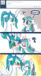 Size: 700x1300 | Tagged: safe, artist:mirululu, queen chrysalis, oc, oc:turquiose scale, changeling, changeling queen, pony, ask, blushing, canon x oc, female, heart, kissing, lesbian, smiling, tumblr