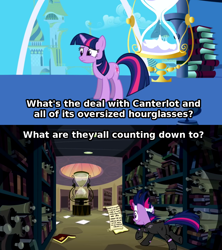 Size: 1136x1279 | Tagged: safe, derpibooru import, edit, edited screencap, screencap, twilight sparkle, friendship is magic, it's about time, future twilight, hourglass, meta, solo, twilight's canterlot home