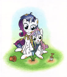 Size: 2000x2291 | Tagged: safe, artist:agamnentzar, rarity, sweetie belle, pony, unicorn, flower, gardening