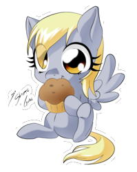 Size: 2382x2988 | Tagged: safe, artist:shinta-girl, derpy hooves, pegasus, pony, chibi, female, mare, muffin, solo