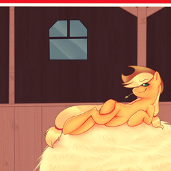 Size: 1000x1000 | Tagged: safe, artist:crispycreme, applejack, earth pony, pony, colored pupils, female, hay, mare, solo, sultry pose