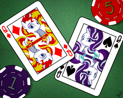 Size: 1200x960 | Tagged: safe, artist:dsana, starlight glimmer, sunset shimmer, pony, card, duo, poker chips, queen of diamonds, queen of spades