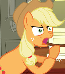 Size: 2380x2692 | Tagged: safe, applejack, earth pony, pony, blonde mane, female, mare, meme, orange coat, solo, y u no