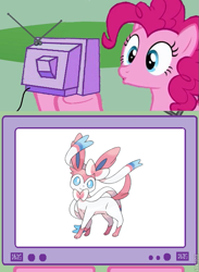 Size: 563x771 | Tagged: safe, pinkie pie, earth pony, pony, exploitable meme, ninfia, nymphia, obligatory pony, pokémon, pokémon x and y, sylveon, tv meme