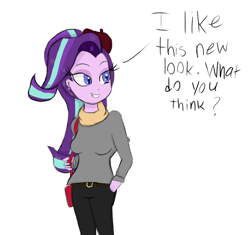 Size: 1088x1024 | Tagged: safe, artist:mildockart, starlight glimmer, equestria girls, clothes, dialogue, equestria girls-ified, pants, purse, scarf, simple background, smiling, solo, white background