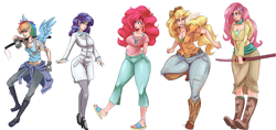 Size: 3794x1785 | Tagged: safe, artist:sundown, derpibooru import, applejack, fluttershy, pinkie pie, rainbow dash, rarity, human, applebucking thighs, belly button, cigarette, cleavage, clothes, diverse body types, elf ears, female, horned humanization, humanized, katana, line-up, midriff, pegasi as angels, skirt, sword, tattoo, unicorns as elves, weapon, wide hips, winged humanization