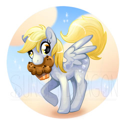 Size: 500x500 | Tagged: safe, artist:flying-fox, derpy hooves, pegasus, pony, female, food, mare, mouth hold, muffin, partial background, solo