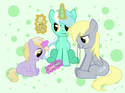 Size: 6792x5048 | Tagged: safe, artist:abion47, derpy hooves, dinky hooves, lyra heartstrings, pegasus, pony, unicorn, absurd resolution, cat's cradle, foal, magic, playing, string, strings, tongue out